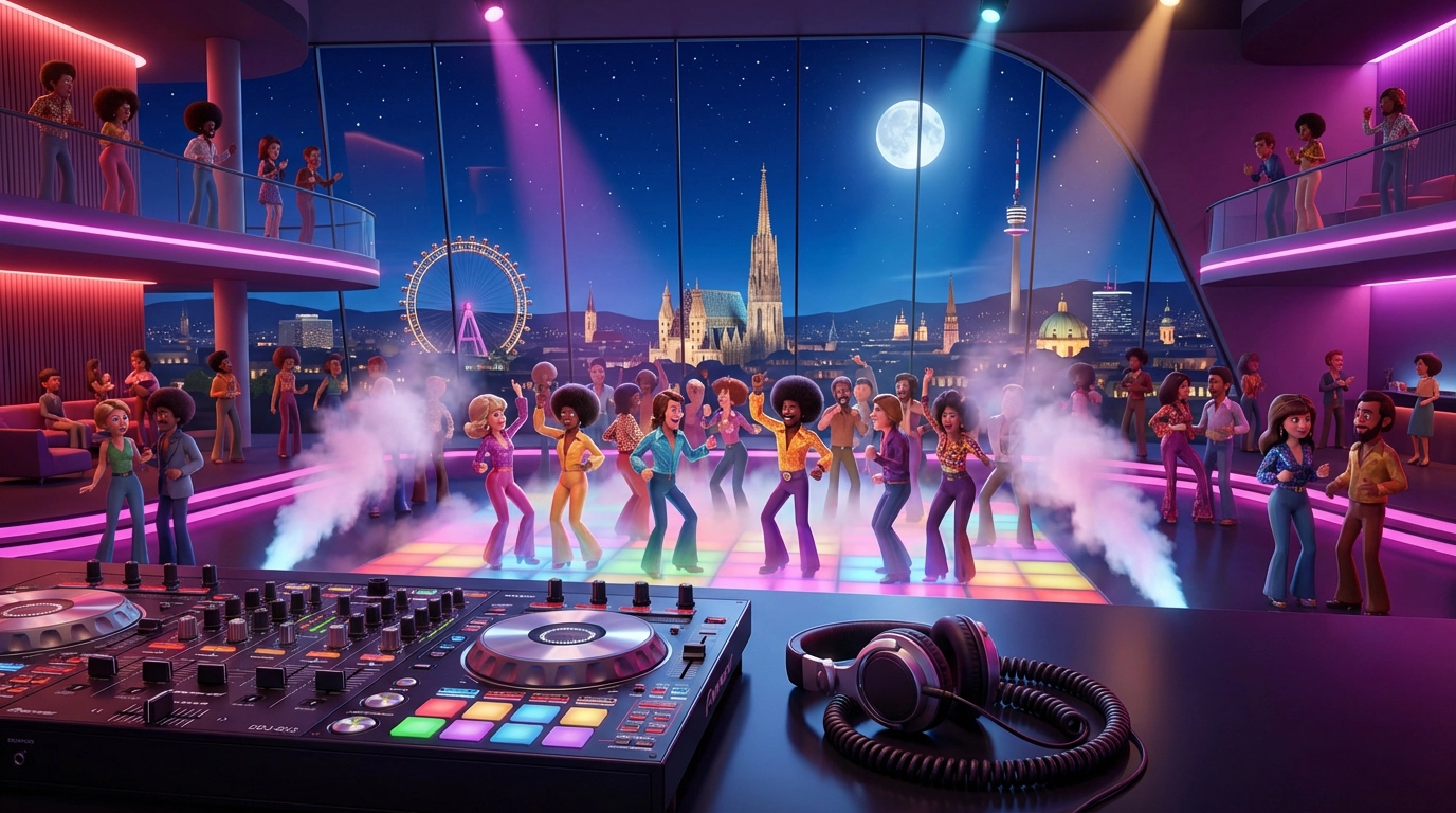 Discobeleuchtung. Aus einem Panorama-Glaswand sieht man eine Skyline die an Wien erinnert.